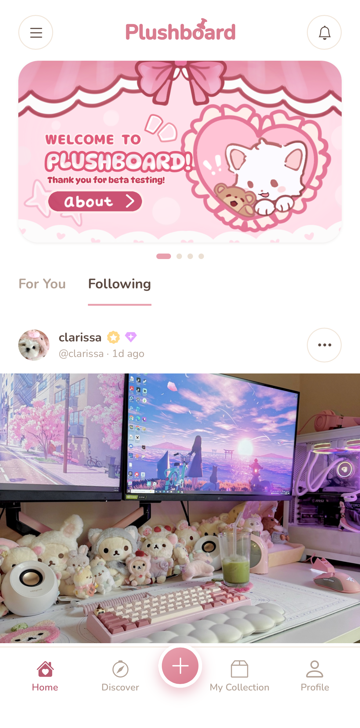 The Plushboard home feed, showing real collectors' posts