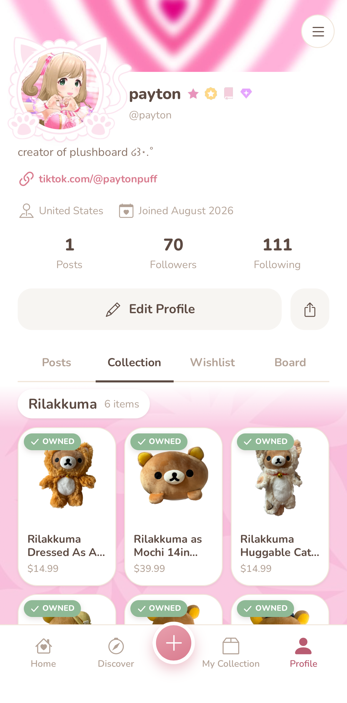 A collector profile with bio, badges, and collection stats